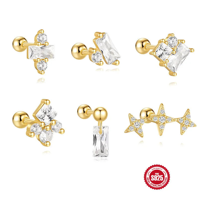 S925 sterling silver red earrings with flower design and square gravel stud elements
