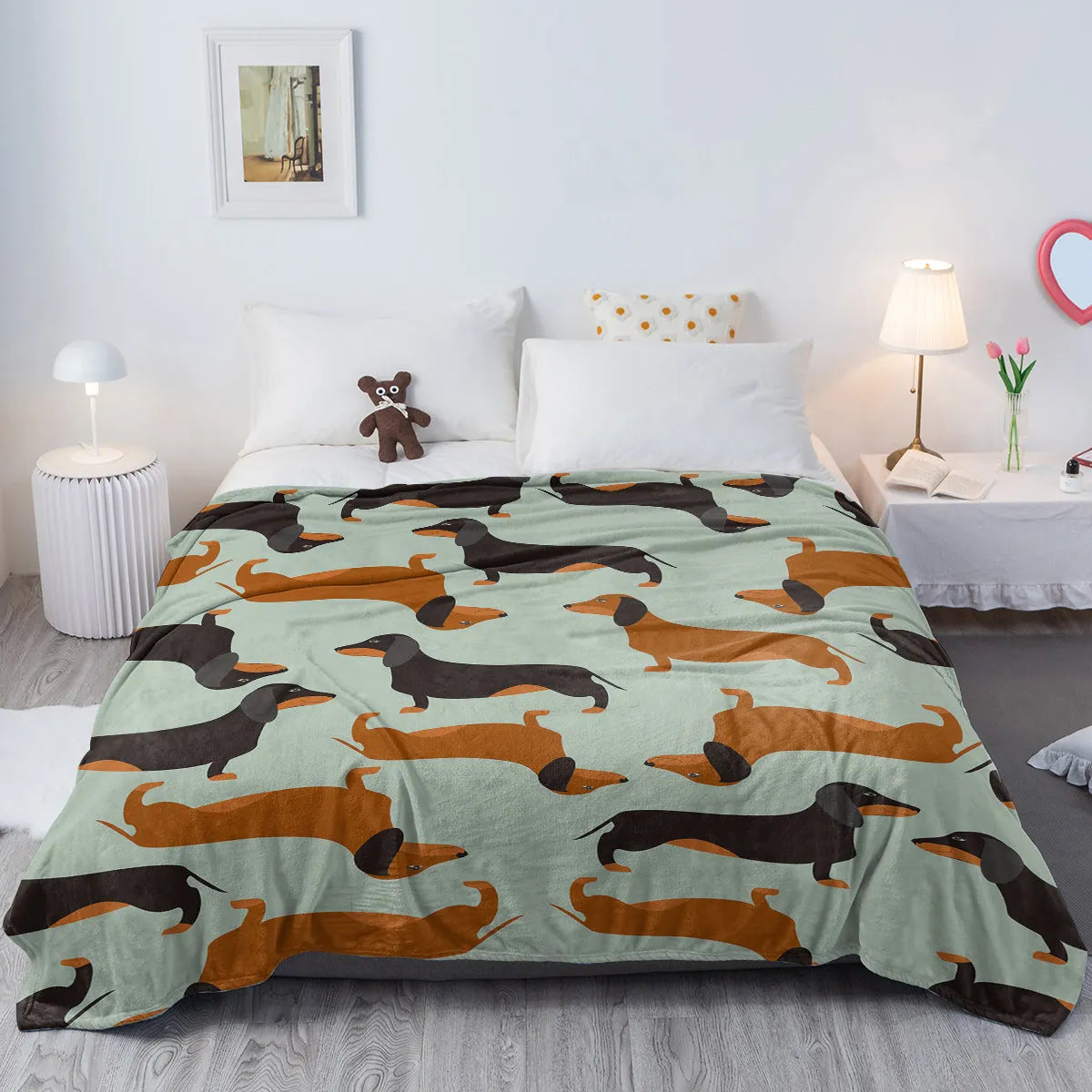Flannel sausage printed blanket with cute pet theme in green, 75x100cm throw size
