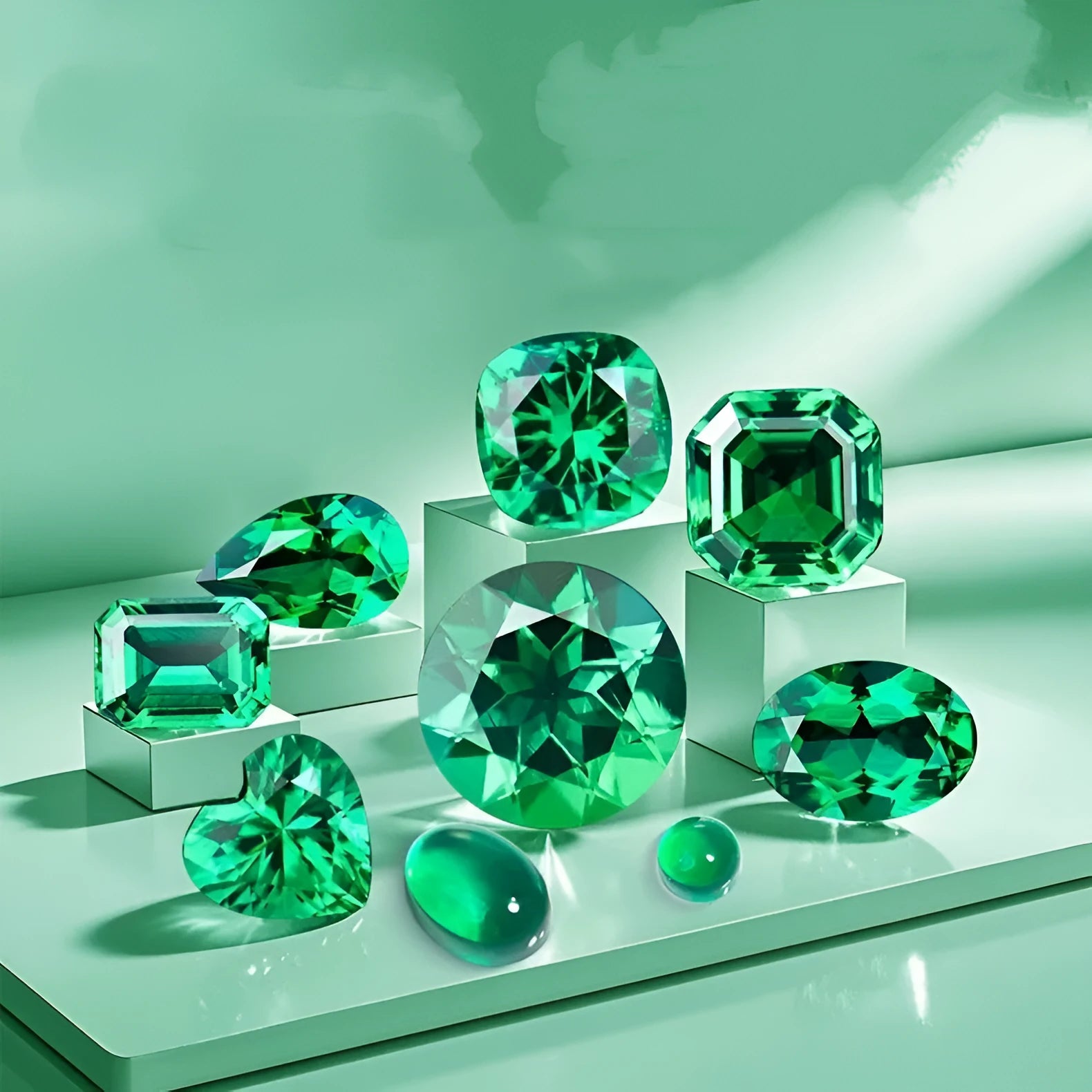 Cultivated emerald gemstones in Columbia green treasure colour showing round and princess cut sizes