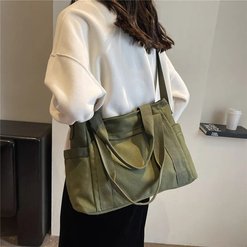 Large solid colour polyester canvas shoulder tote bag for women with outer pocket