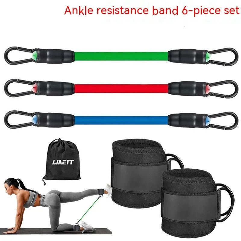 Set of three TPE resistance bands in 10, 20, and 30 pound resistances with two black ankle foot loops and a storage bag.