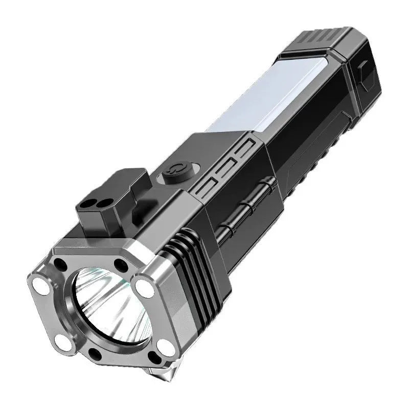 Silver portable power bank with integrated LED flashlight for emergency and outdoor use.