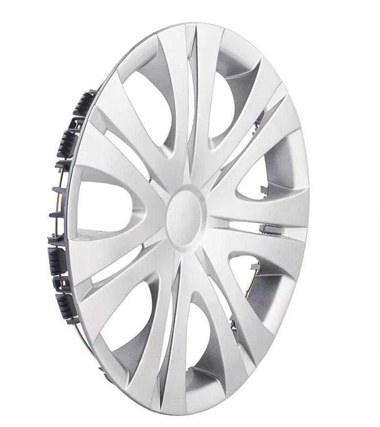 Universal monochrome ABS plastic wheel hub cover in silver, black, and electroplated finishes for 13 to 16 inch wheels.