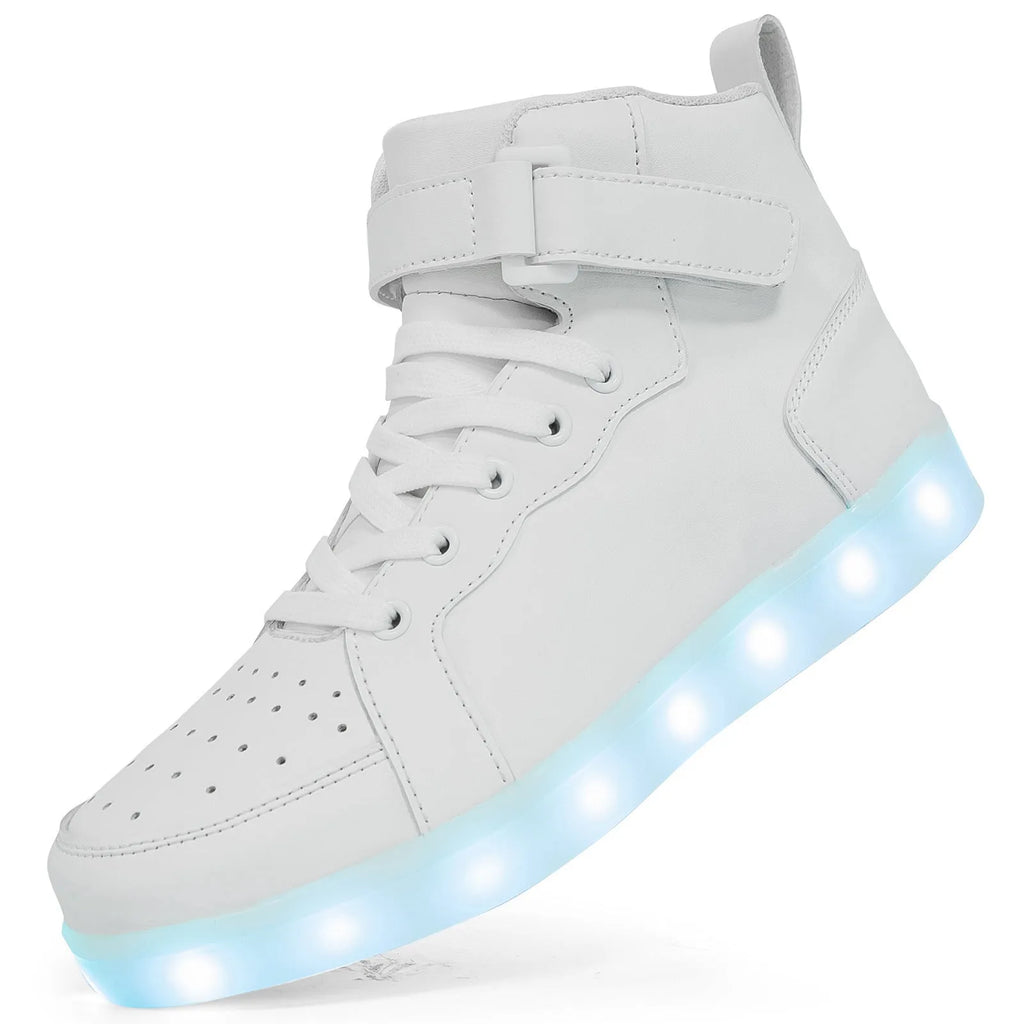A pair of black high-top LED sneakers with Velcro straps and lights glowing in the rubber sole.