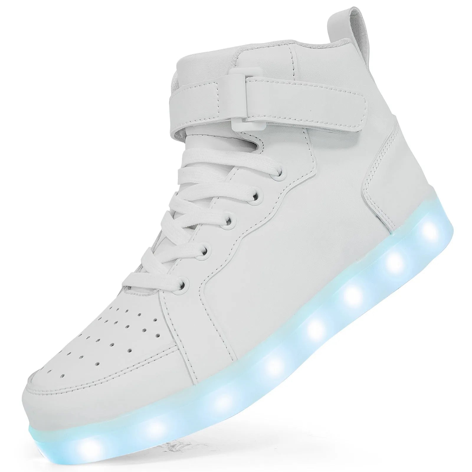 A pair of black high-top LED sneakers with Velcro straps and lights glowing in the rubber sole.
