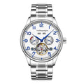 Men's stainless steel mechanical watch with sapphire glass on a leather strap.