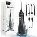 Black Prooral Mornwell portable oral irrigator with water tank and nozzle for dental cleaning.