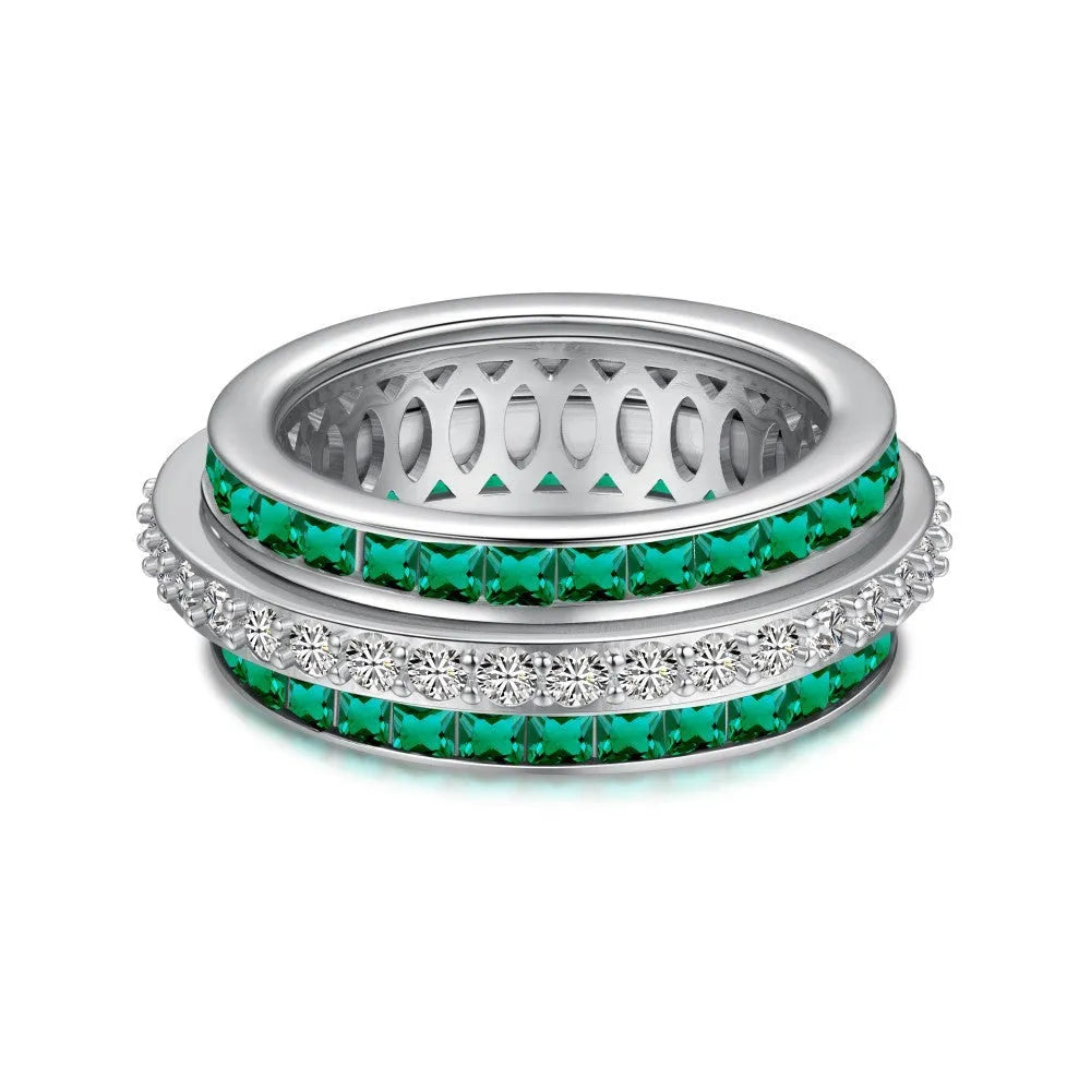 S925 sterling silver rotating diamond inlay ring for women, geometric style, available in blue, green, pink, sizes No 6-9