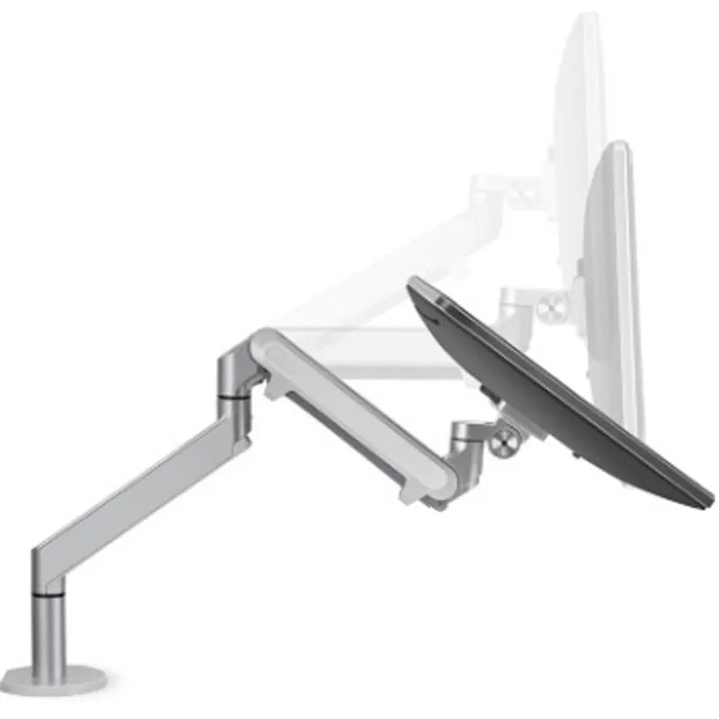 Silver aluminium laptop stand with an adjustable air-pressure arm holding a notebook