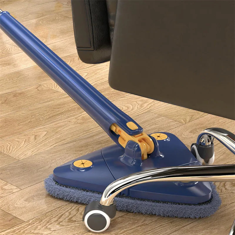 Blue and white extendable triangle cleaning mop with a rotating head on a long stainless steel pole.