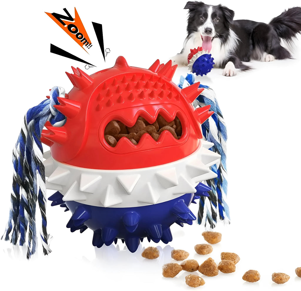 Blue and red TPR rubber dog chew toy with treat dispenser for aggressive chewers