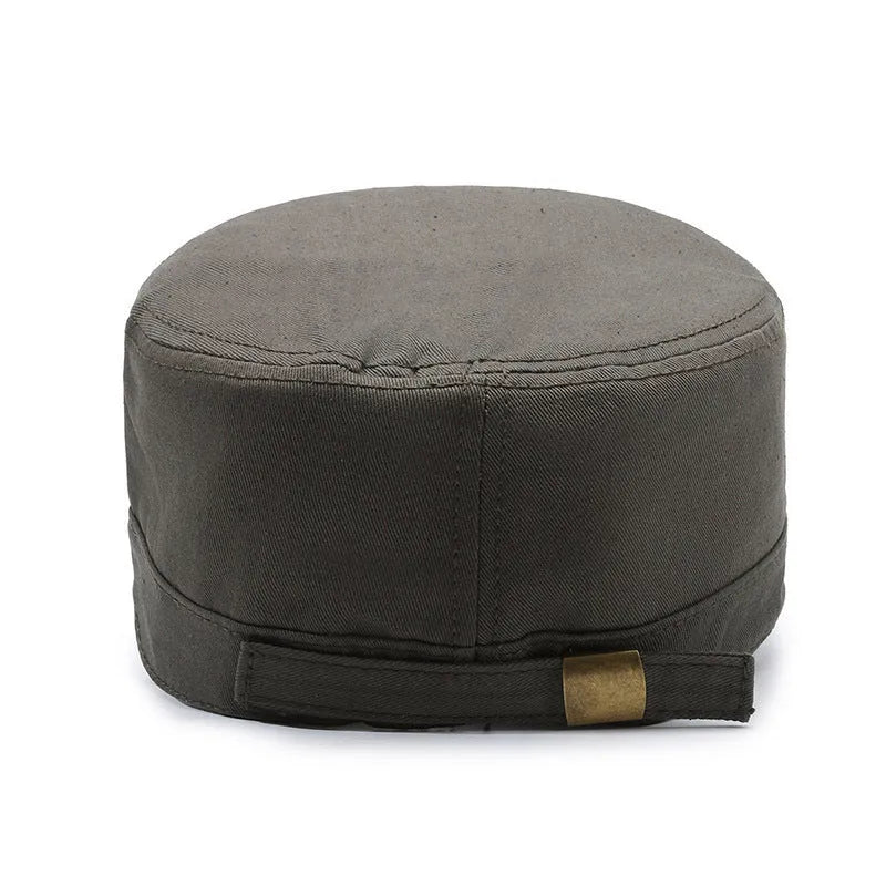 Men's flat-top peaked cap in cotton on adjustable strap, shown in army green colour.