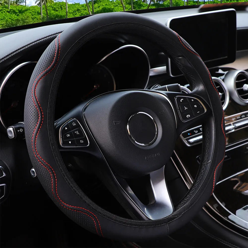 Black embossed corrugated elastic steering wheel cover for 37-38cm diameter wheels