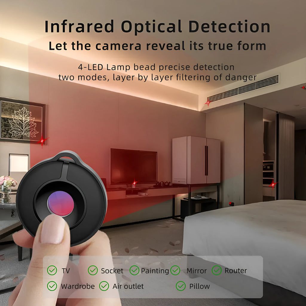 Compact minimalist infrared camera detector for finding hidden spy cameras up to 5 metres away.