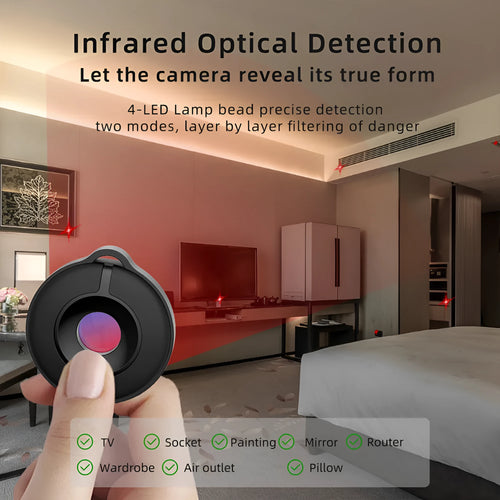 Compact minimalist infrared camera detector for finding hidden spy cameras up to 5 metres away.