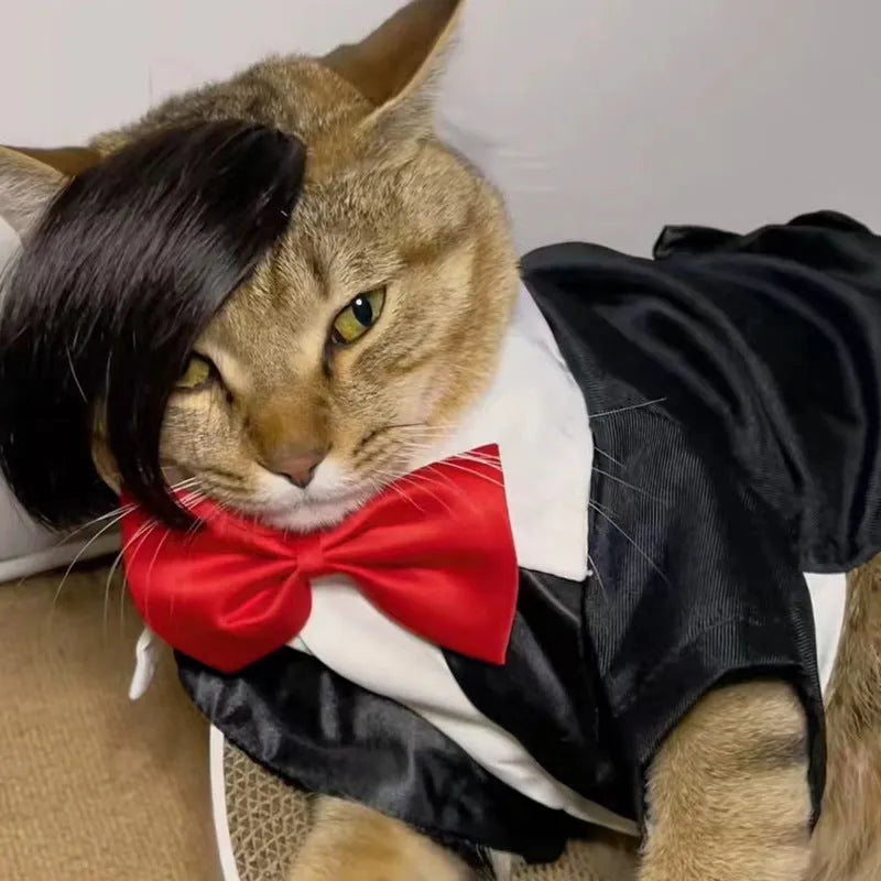 Black imitation braid fox tail wig for cats on a white background.