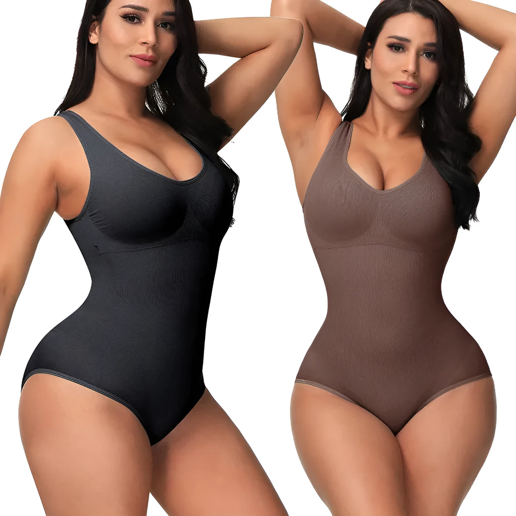 Seamless nylon bodysuit for women in apricot colour on a hanger