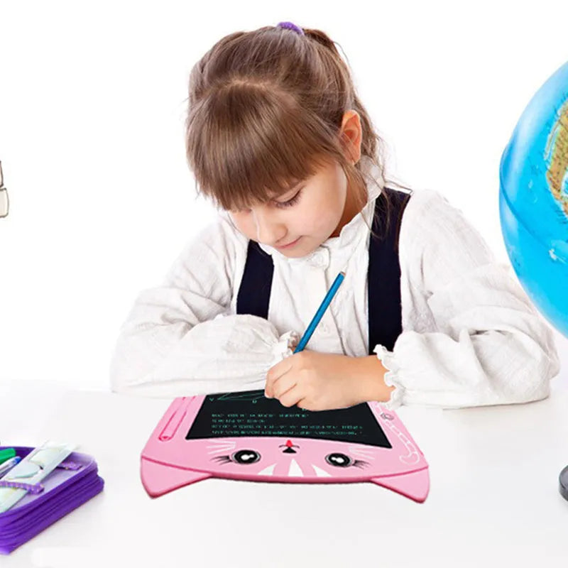 Sky blue children's LCD writing tablet with bear cartoon design showing writing area and stylus