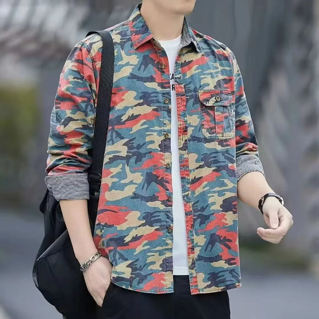 Retro loose fit men's camouflage long sleeve cardigan jacket in green cotton blend