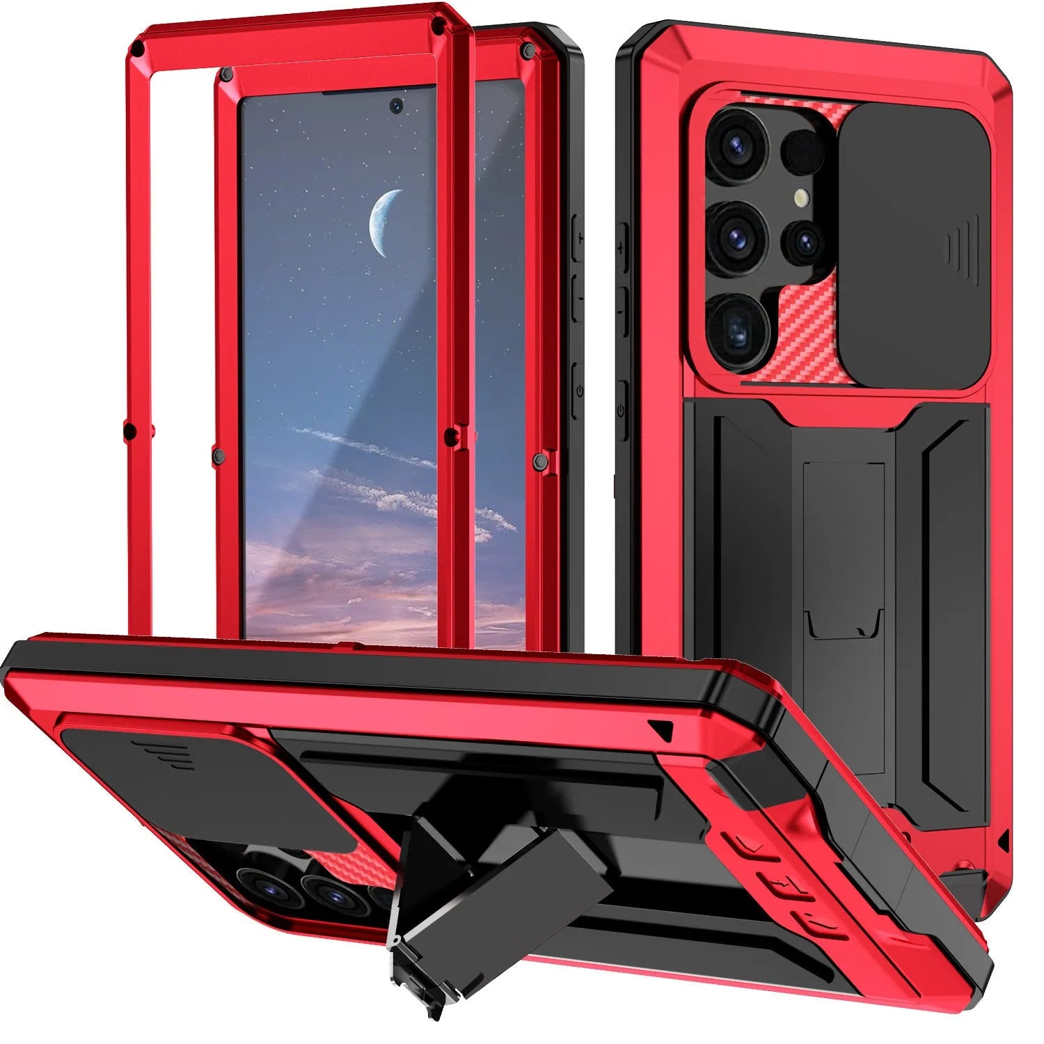 Metal phone case with invisible bracket for Samsung S25 Ultra in black showing rear camera cutout