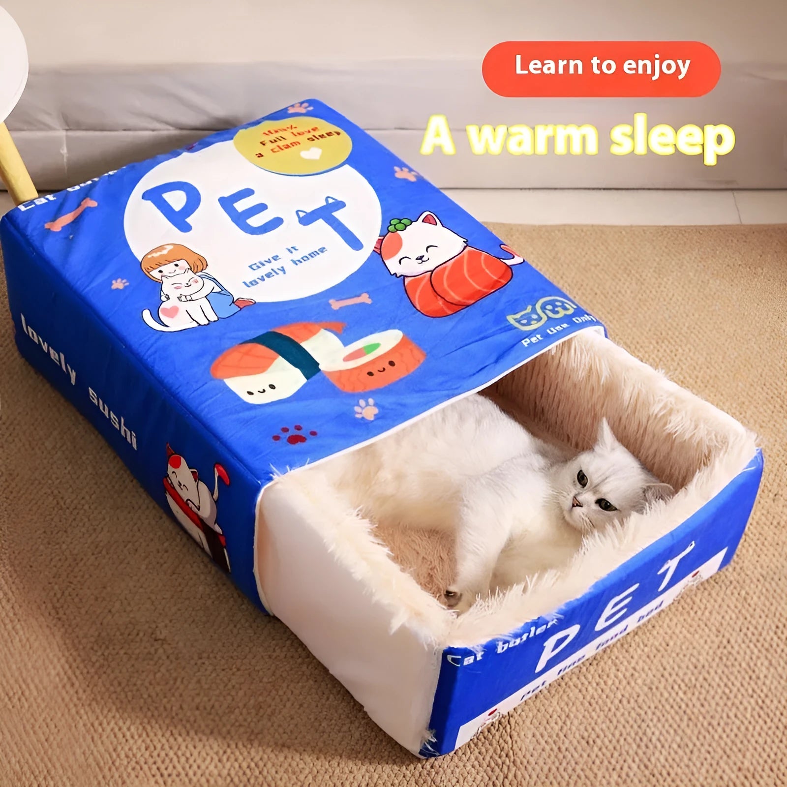 Rectangular fully enclosed cloth pet bed for cats, available in red and blue, sizes L and M