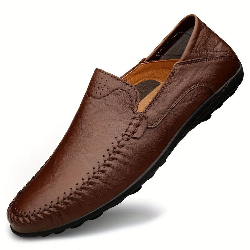 Men's cowhide leather shoes with round toe and flat heel in black, brown, and dark brown colour options