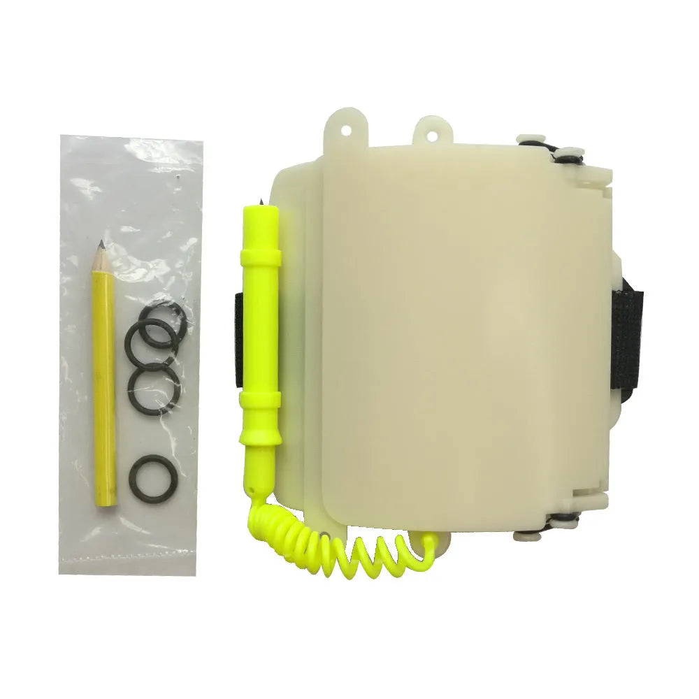 White luminous underwater writing wristboard for scuba divers with pencil and spare O-ring
