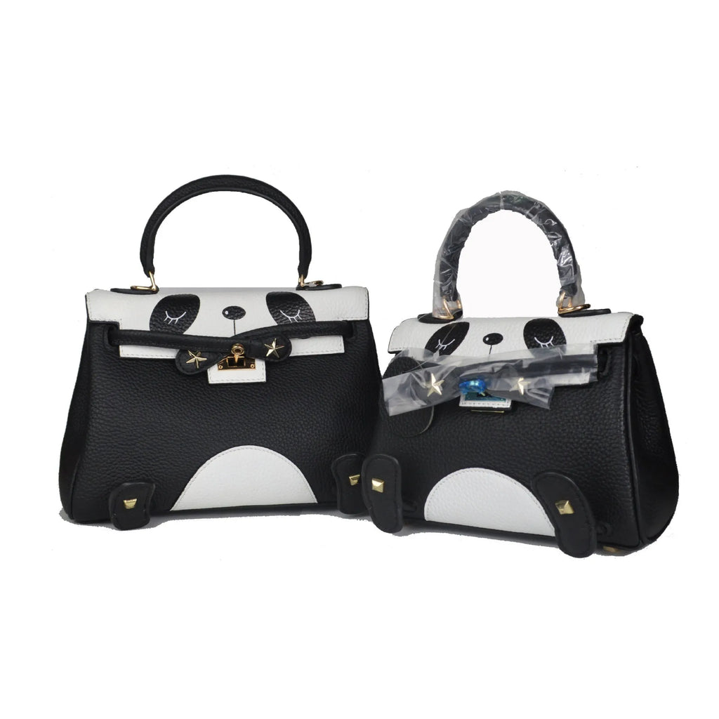 Horizontal square panda print handbag made from brown cowhide leather with sweet lady animal pattern.