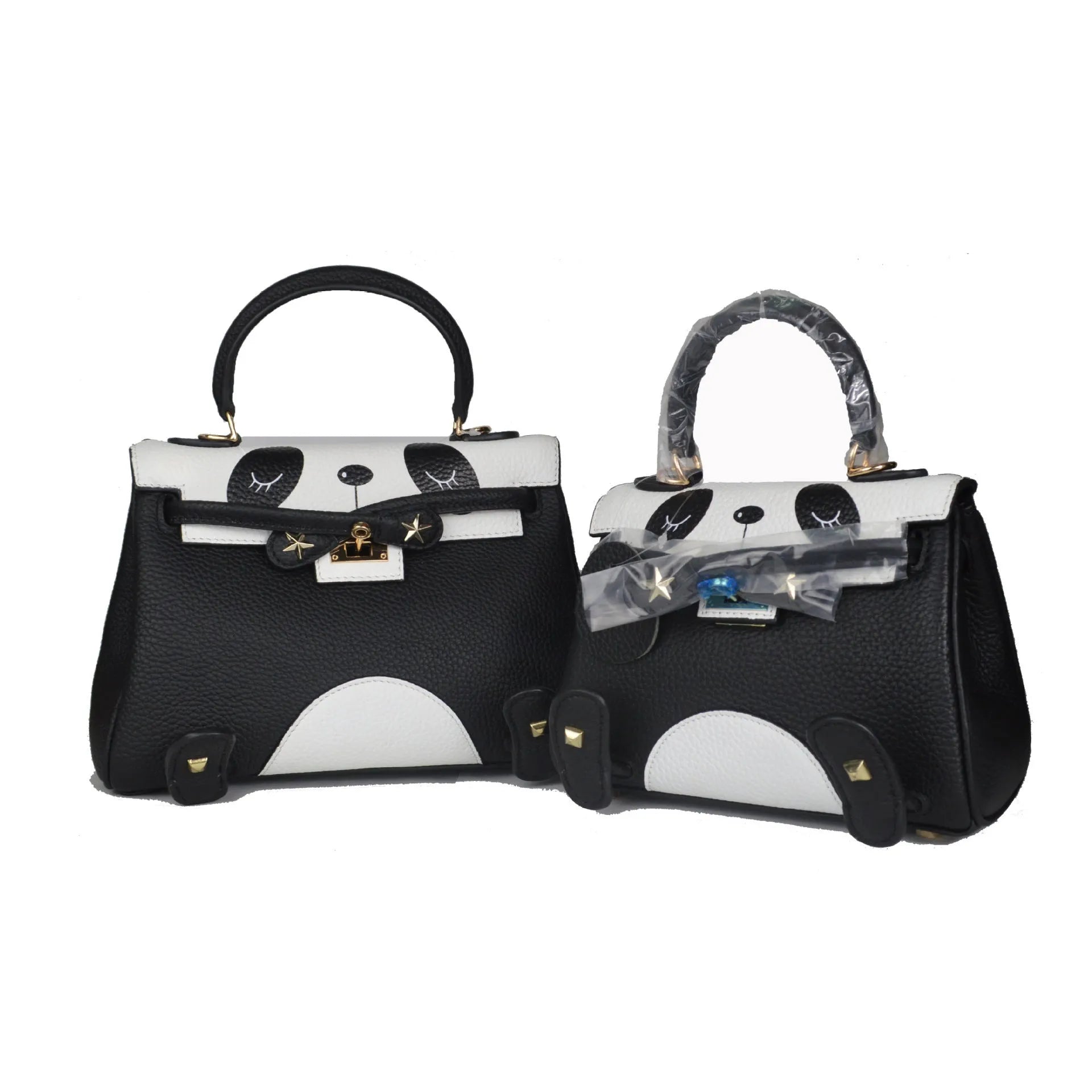 Horizontal square panda print handbag made from brown cowhide leather with sweet lady animal pattern.
