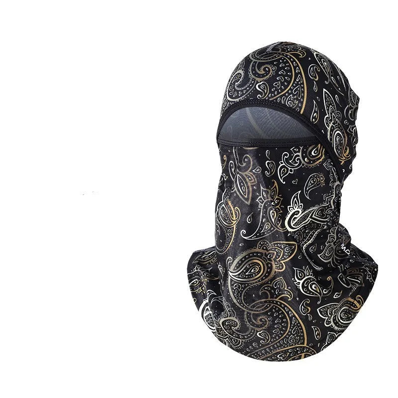 Cotton motorcycle head cover in a pattern design with a pair of matching gloves for winter riding.
