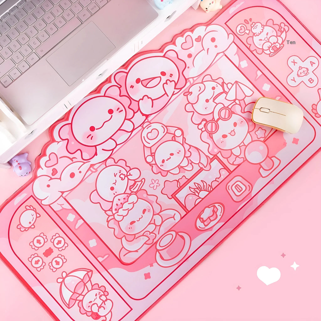 Hexagonal dragon crane machine cartoon anime large cloth mouse pad on a desk.