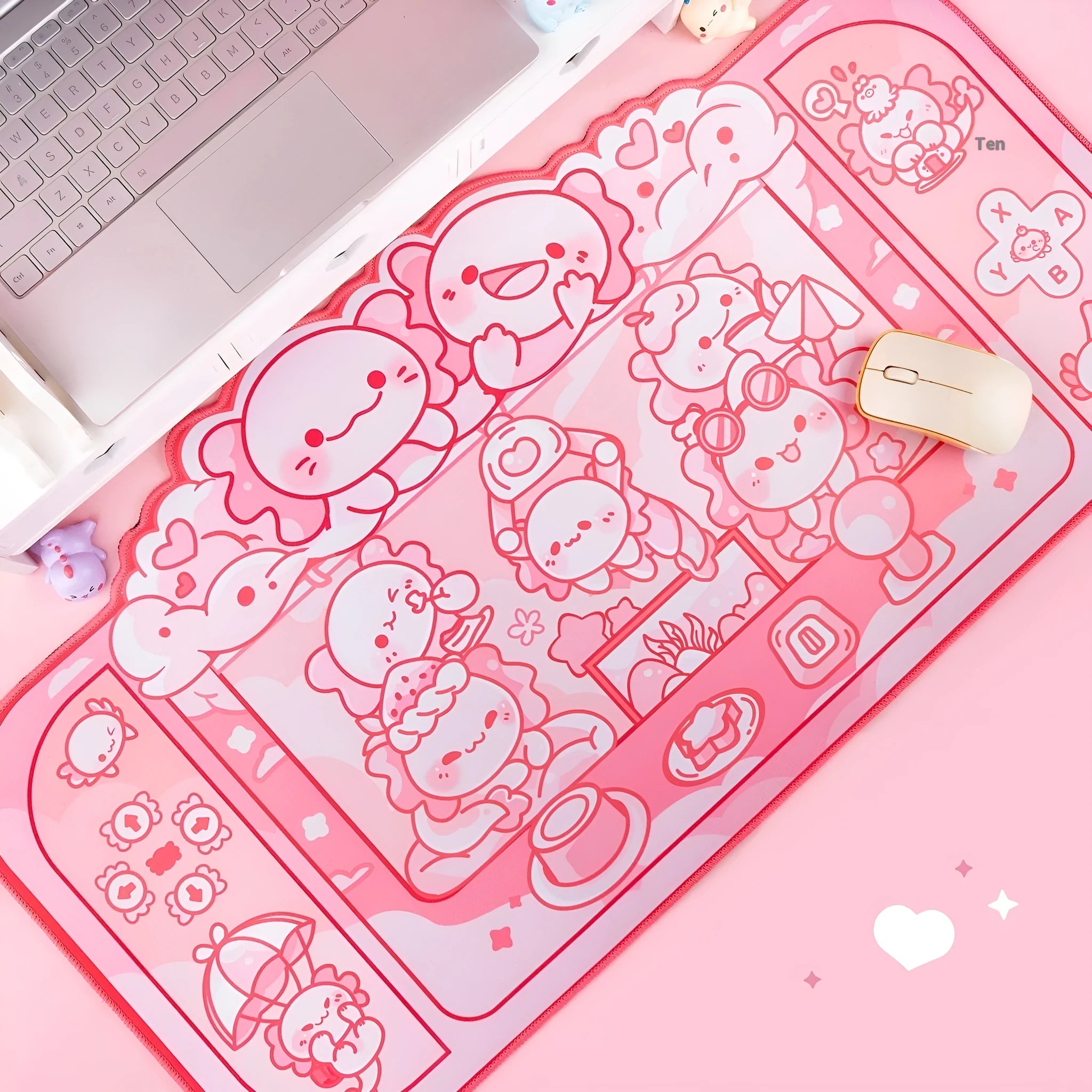Hexagonal dragon crane machine cartoon anime large cloth mouse pad on a desk.