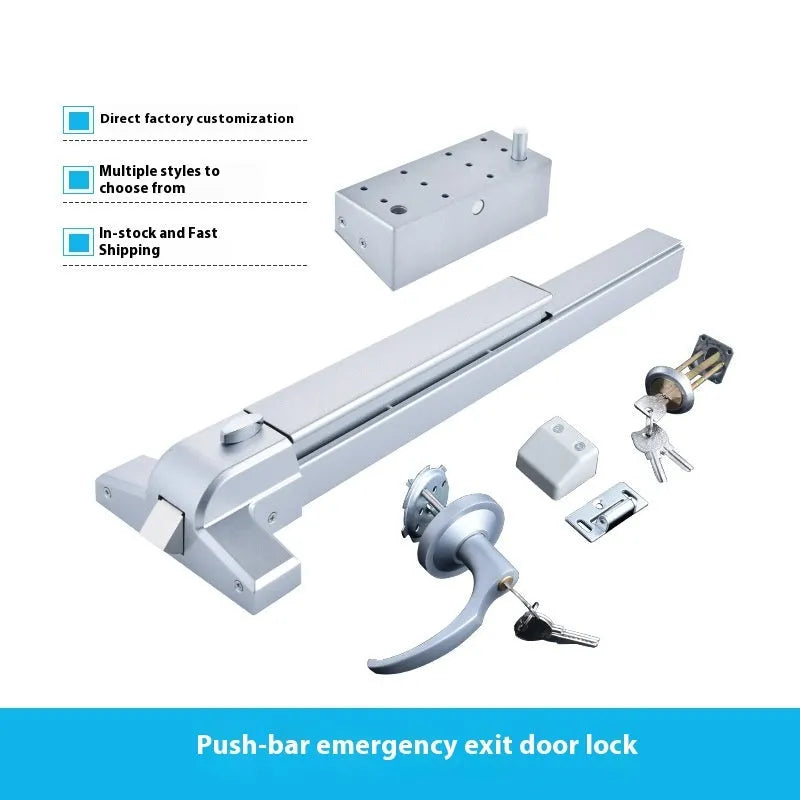 Stainless steel fire safety push lock with external handle for a 65cm door.