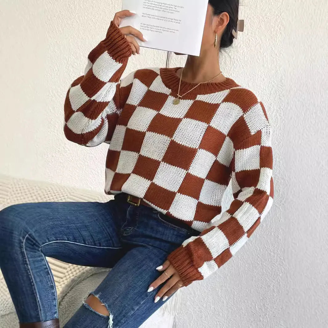 Dark brown plaid pattern men's acrylic pullover sweater with round neck and long sleeves.