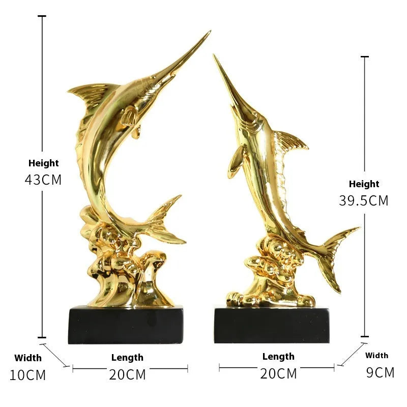 European-style resin swordfish decorative ornament in a choice of four colours on a shelf.