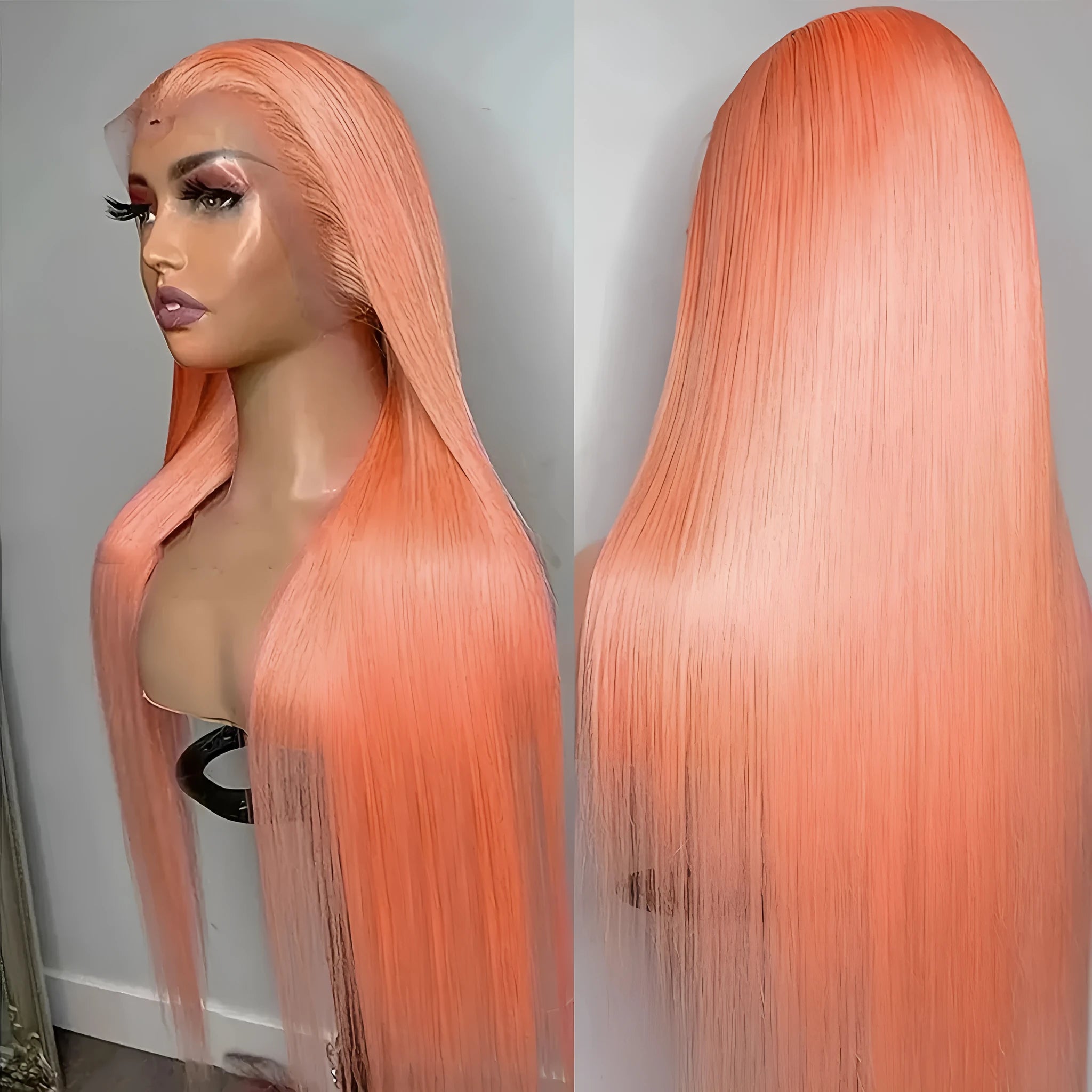Light orange long straight lace front wig with side bangs on a wig head.