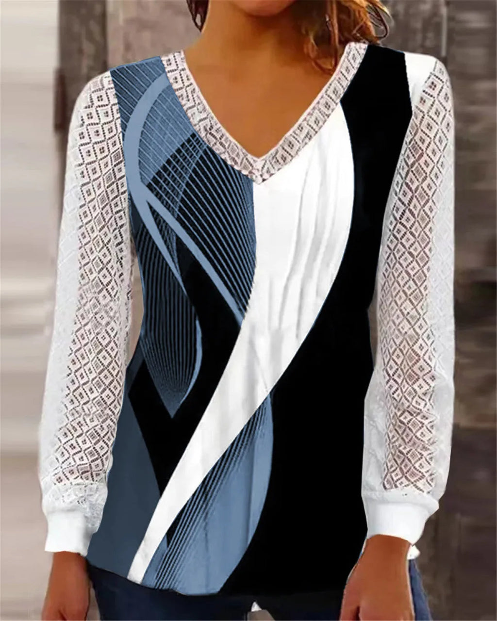 Purple V-neck loose top with hollow-out lace pattern and long sleeves