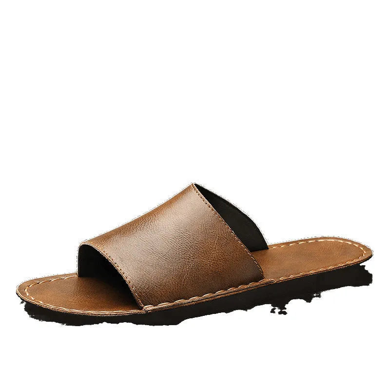 Men's brown leather casual sandals with a textured rubber sole on a neutral background.