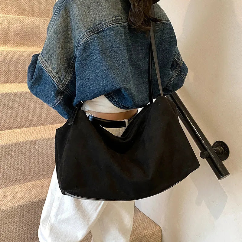 Women's large capacity suede-look PU pillow shoulder bag with outer slit pocket in black, brown, coffee, or khaki