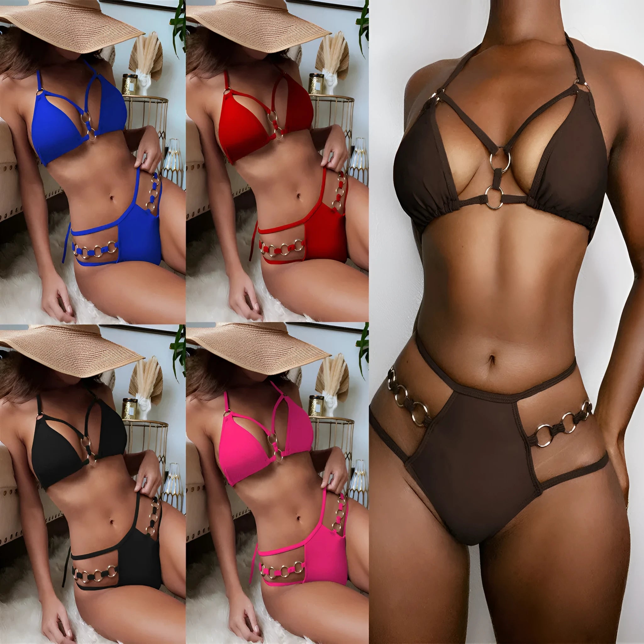 Women's separated bikini swimwear set in nylon, showing top and shorts in one of five available colours.