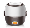 White 2L capacity rice cooker with stainless steel pot on a kitchen countertop