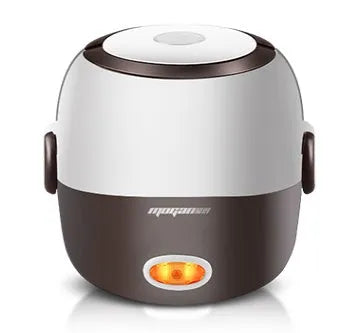 White 2L capacity rice cooker with stainless steel pot on a kitchen countertop