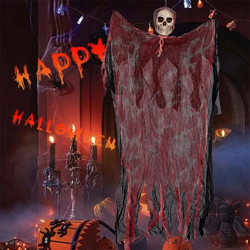 Halloween hanging ghost pendant with realistic skull face and wavy ghost clothes
