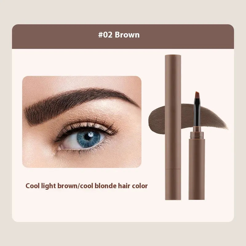 Dual-ended eyebrow cream in five colour shades including reddish brown, brown, light brown, dark brown, and black