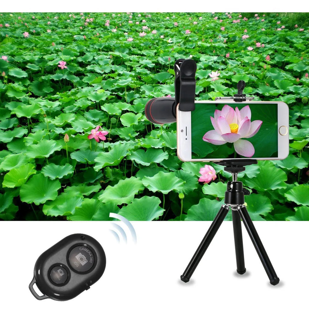 Universal 3-in-1 telephoto lens kit with 8x magnification, fisheye wide-angle macro set, and Bluetooth self-timer for mobile phones