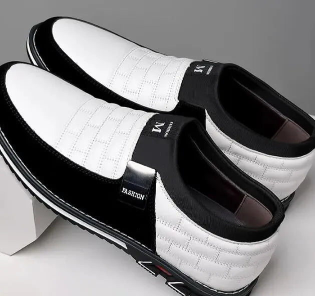 Men's black casual leather shoes with low upper height showing size label and sole detail