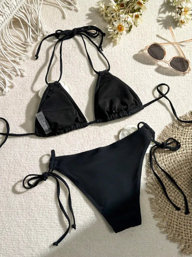 Black 3D flower bikini swimsuit with drawstring lace closure and backless design.