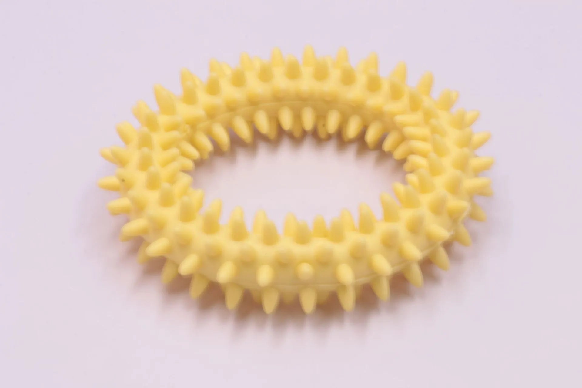 Blue TPR spiky circle ring dog chew toy for dental cleaning on a white background.