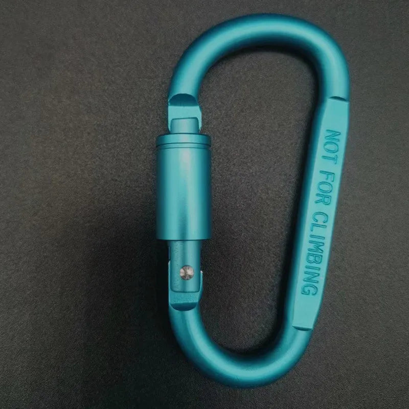 Aluminium D-type screw-lock carabiner in red, showing its 8cm size and flat-sided shape.
