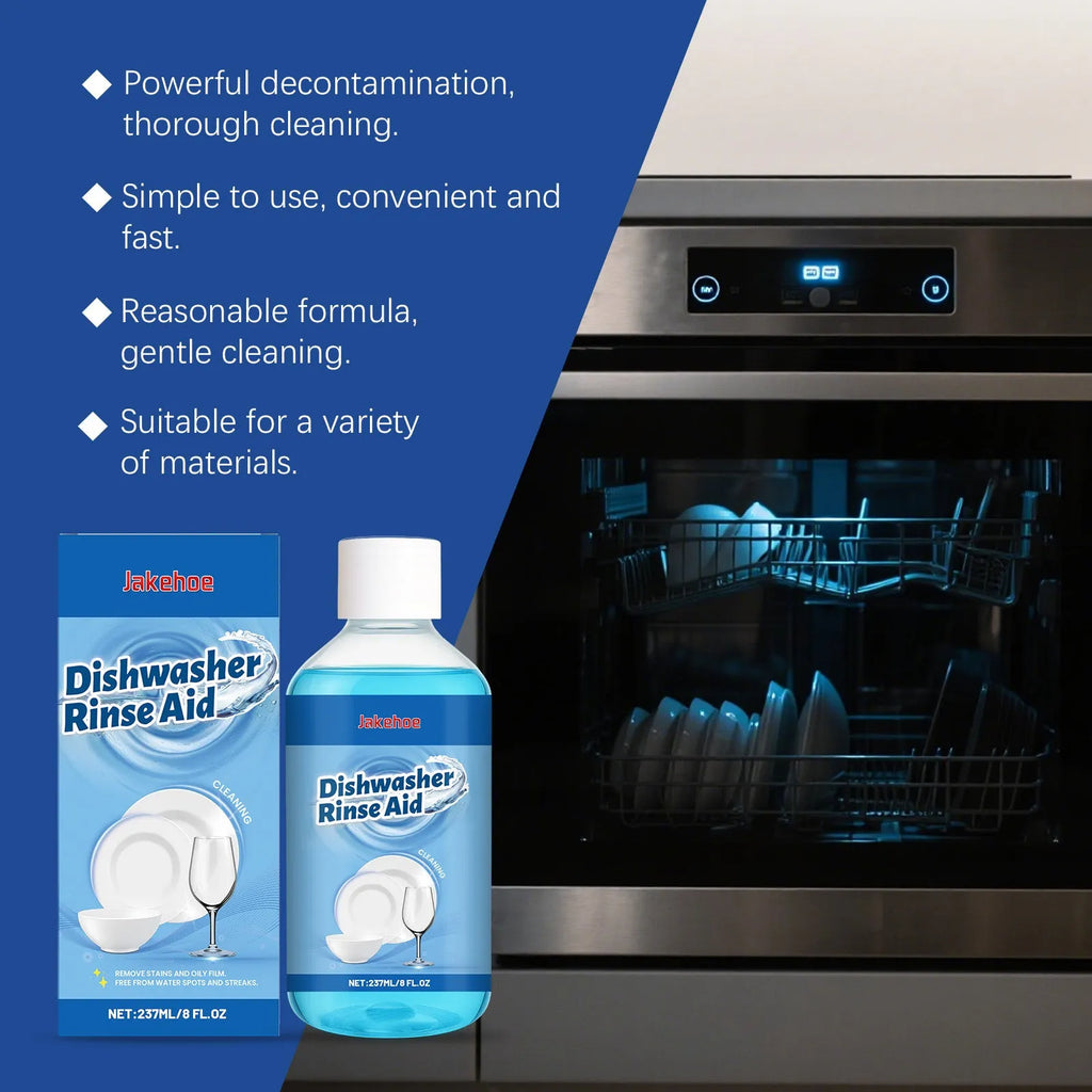 237mL bottle of dishwasher detergent aid for cleaning plates and removing stains.